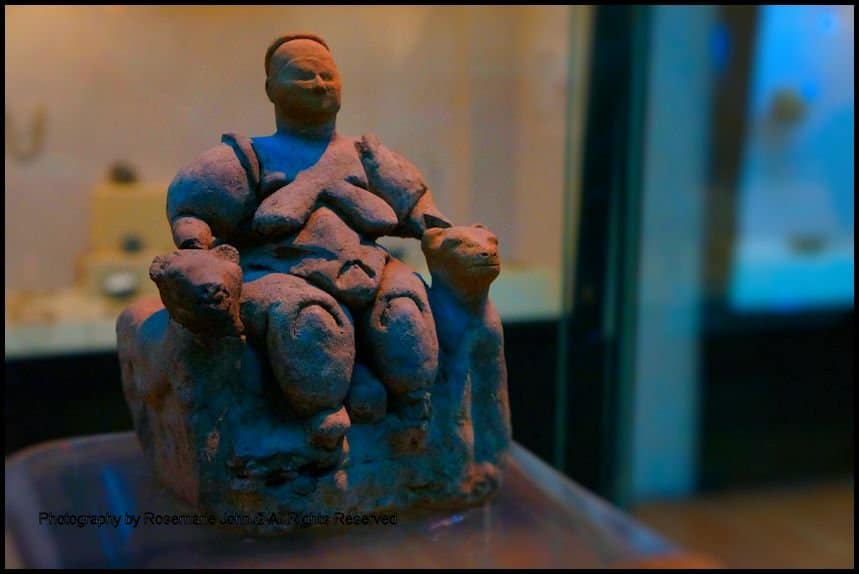 Goddess Figurine – With her large breasts and wide hips, this female figurine has been linked to both agriculture and fertility. Her seated position between two leopards, however, suggests she is a person of power. Look at the round shape resting between her legs. Is it a head of a child being born or a skull of a revered ancestor? 
